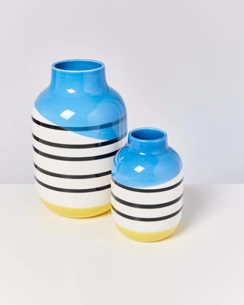 Motel a Miio Nuno Vase M Schwarz-Weis Gestreift Mit Blau | Nuno M